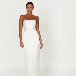 Meshki white satin strapless dress